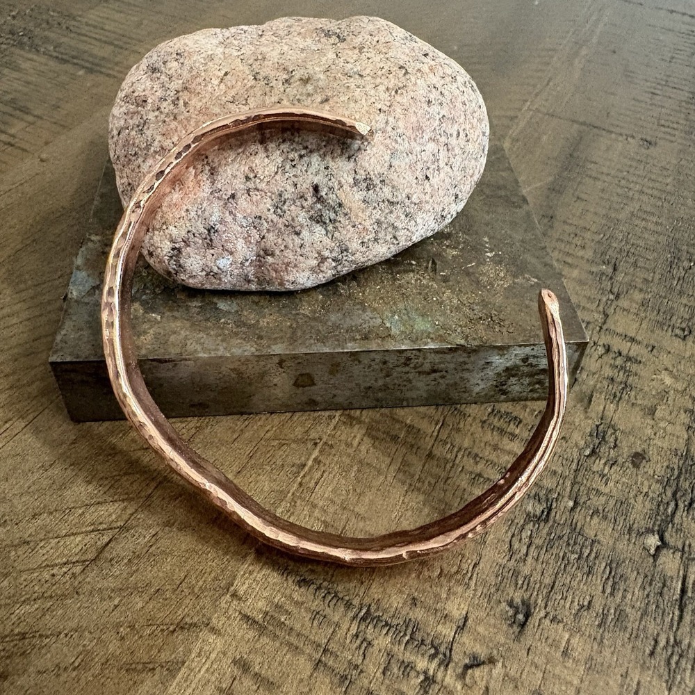 Pure Copper Handmade Thin Slim Cuff Bracelet Men's Hammered Bare Finish - Picture 4 of 8